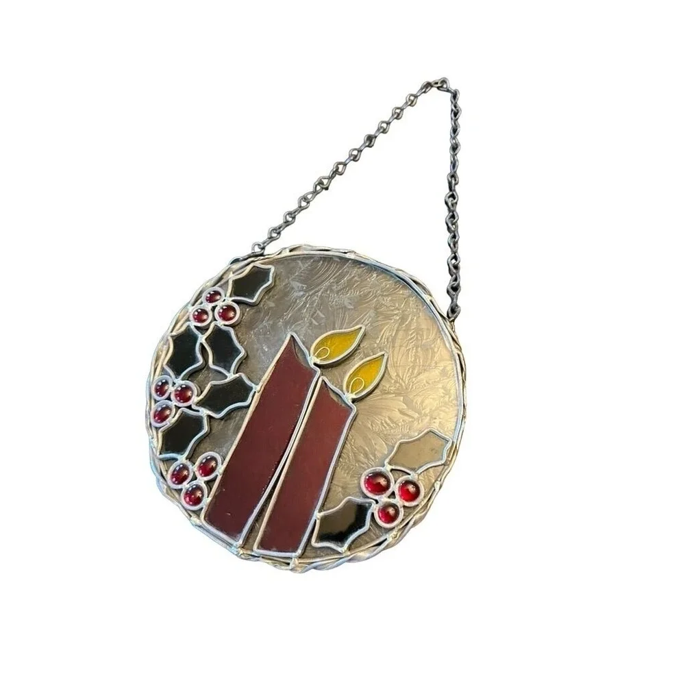 Stained‎ Glass Christmas Candle Suncatcher With Holly & Chain - Handmade Holiday
